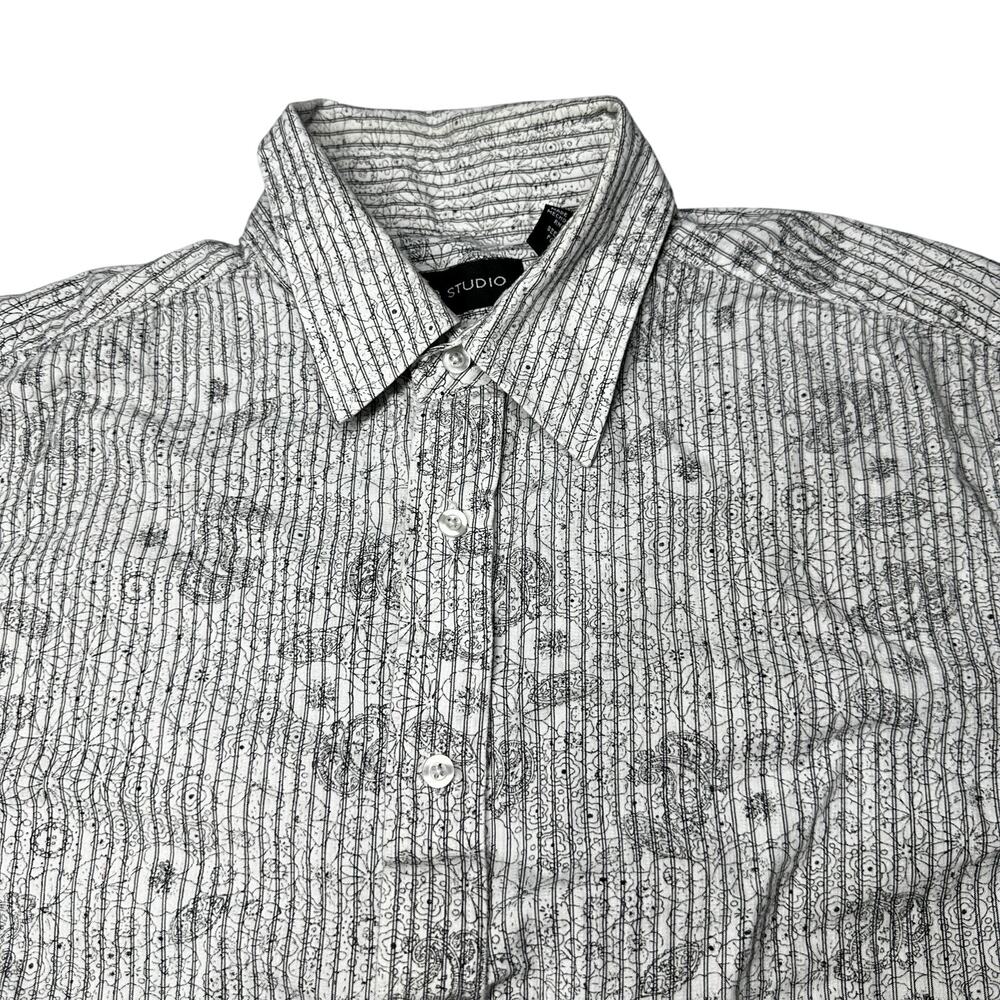 MB STUDIO Button Up Shirt Mens Size L Gray White Cotton Floral Striped Casual